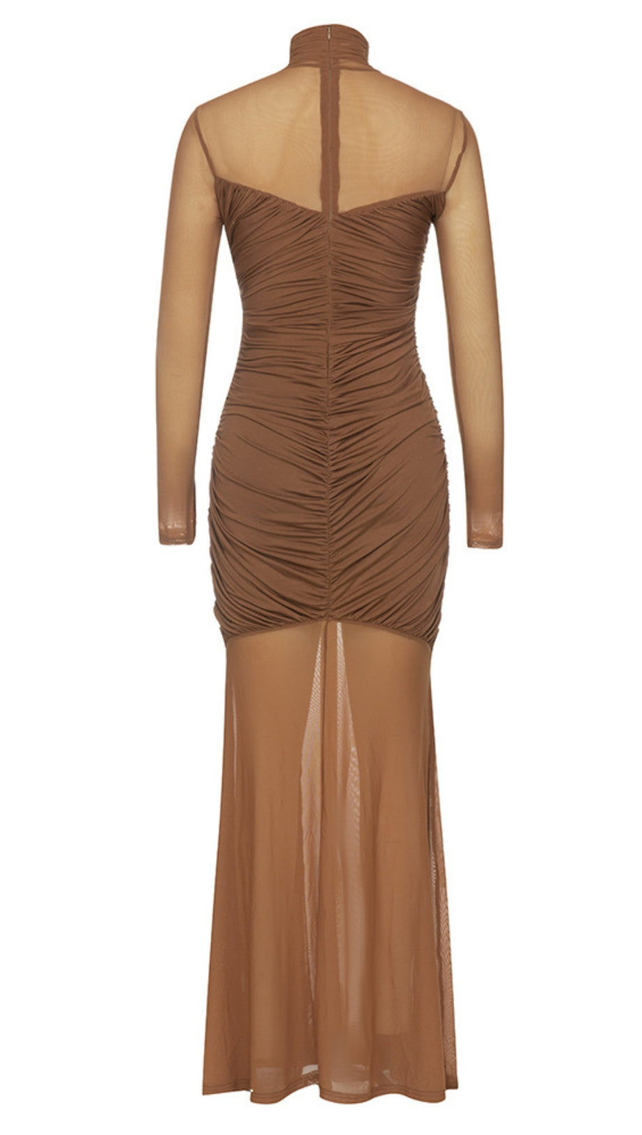 MESH - SLEEVE RUCHED HIGH - NECK MAXI DRESS IN BROWN