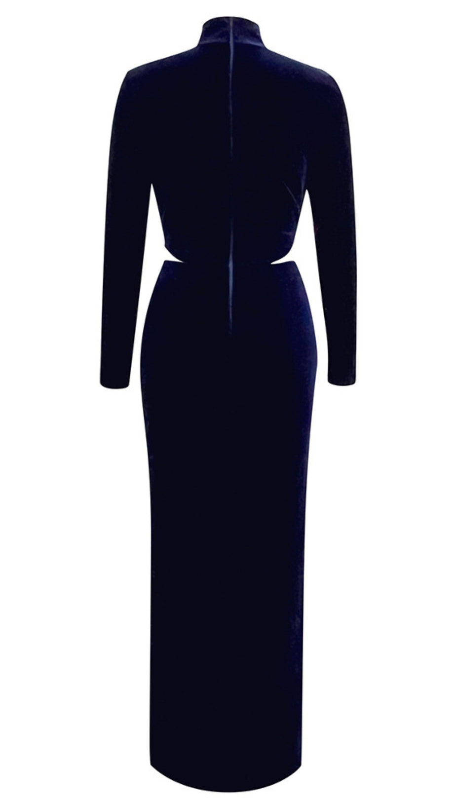 VELVET CUTOUT HIGH - NECK MAXI DRESS IN NAVY BLUE