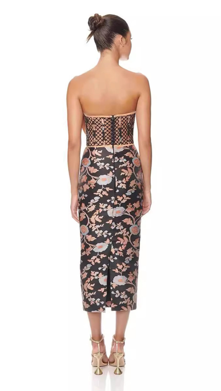 FLORAL - PATTERNED CUTOUT STRAPLESS MIDI DRESS IN BLACK