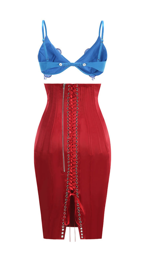 AIIZIE BLUE LACE BRALETTE AND RED SATIN PENCIL SKIRT SET - product image