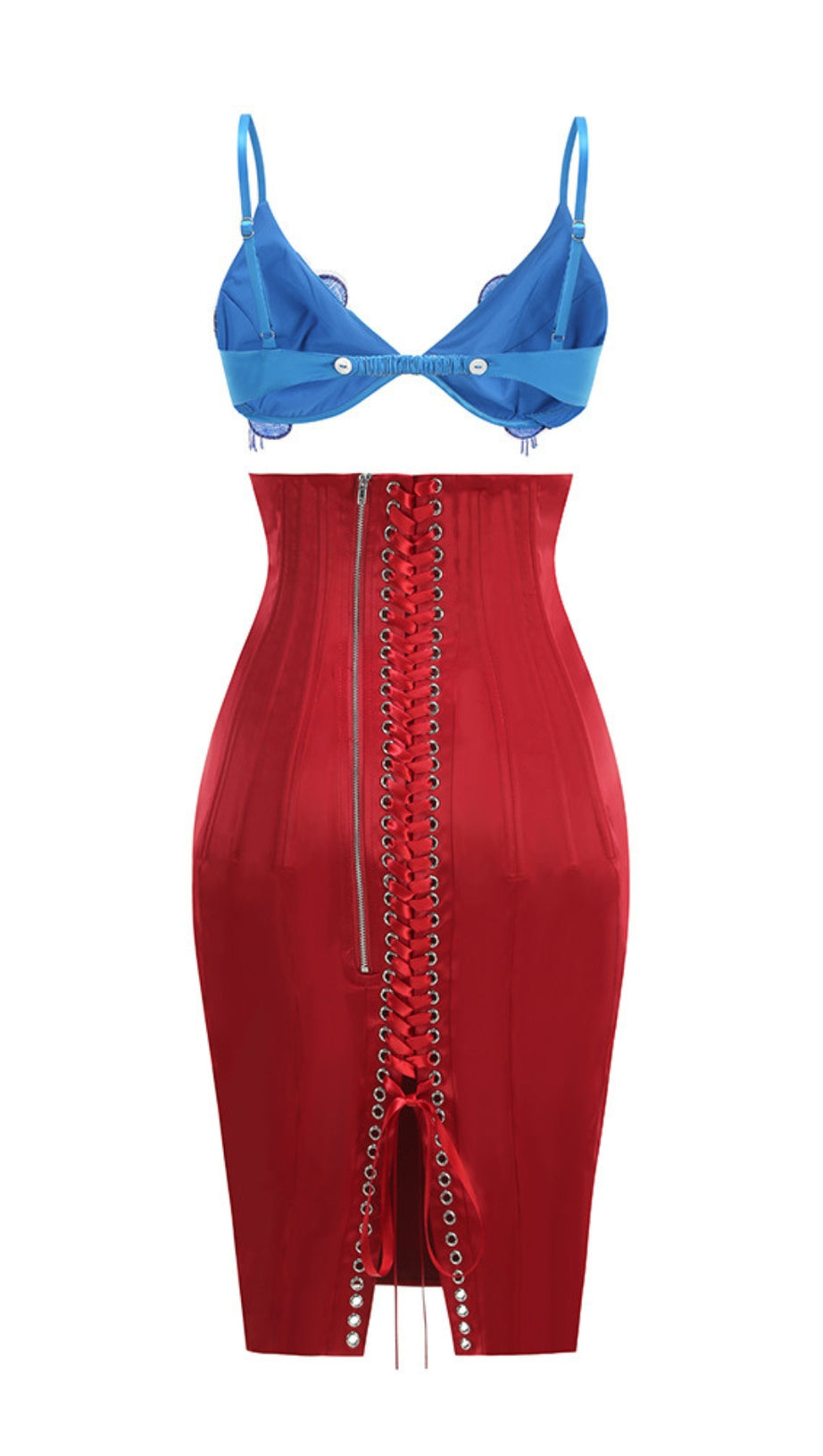 BLUE LACE BRALETTE AND RED SATIN PENCIL SKIRT SET