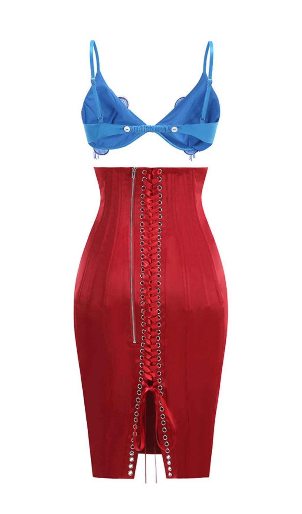 AIIZIE BLUE LACE BRALETTE AND RED SATIN PENCIL SKIRT SET - product image