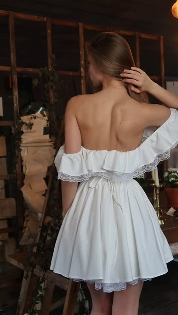 AIIZIE ALISON OFF-SHOULDER BOW LACE MINI DRESS IN WHITE - product image