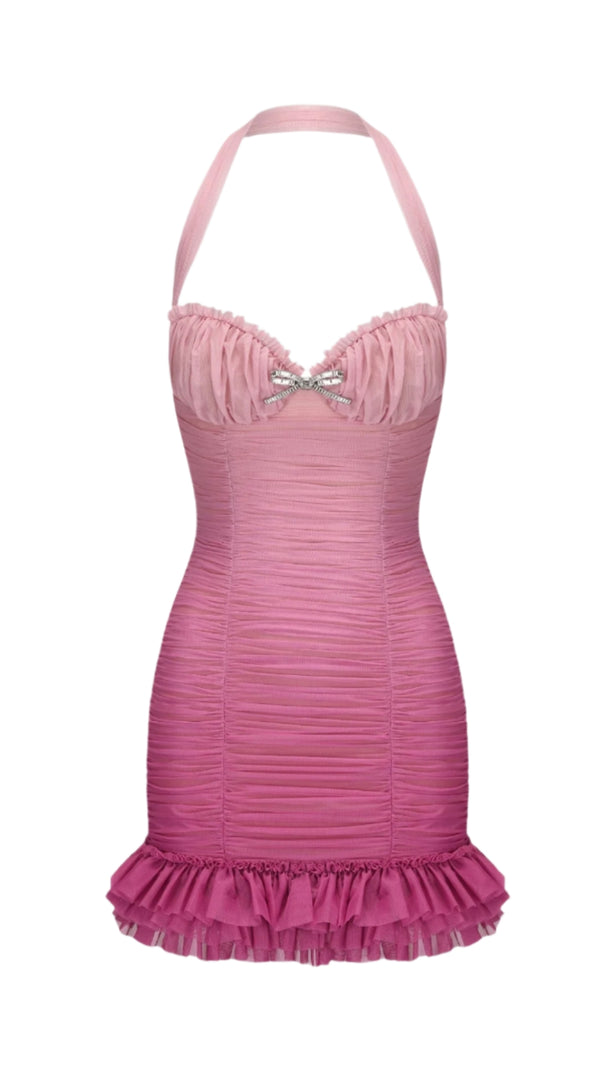 AIIZIE HALTER MESH GRADIENT RUSHED MINI DRESS IN PINK - product image