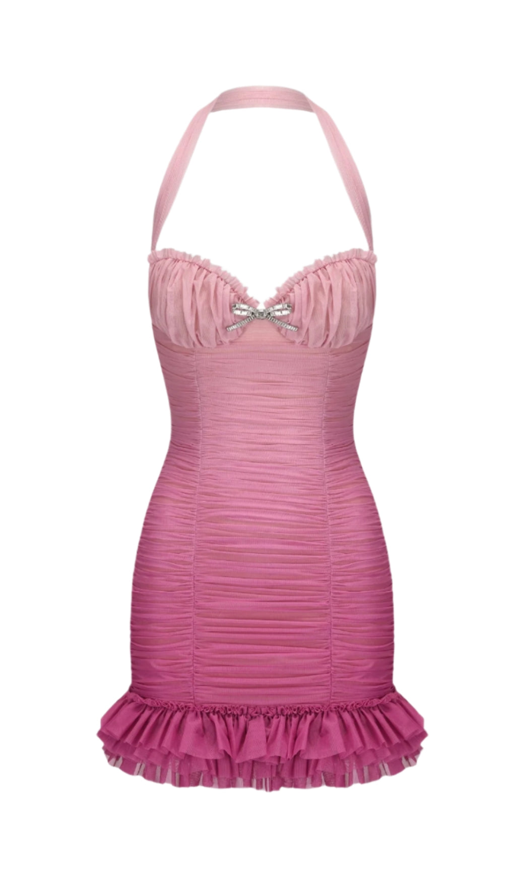HALTER MESH GRADIENT RUSHED MINI DRESS IN PINK