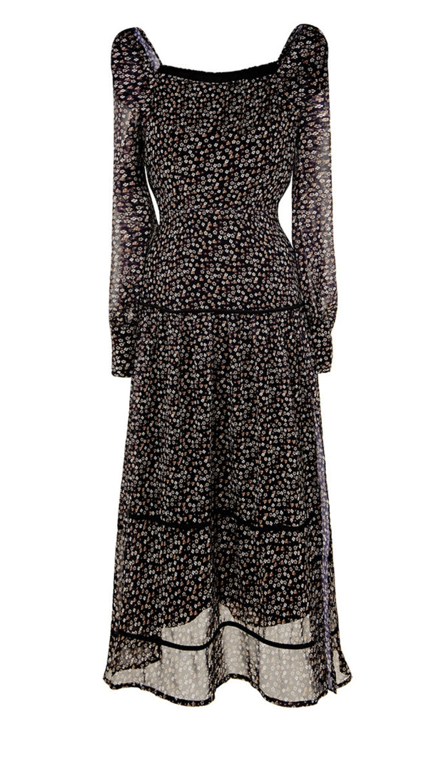 AIIZIE BLACK FLORAL SHEER - SLEEVED TIERED MIDI DRESS - product image