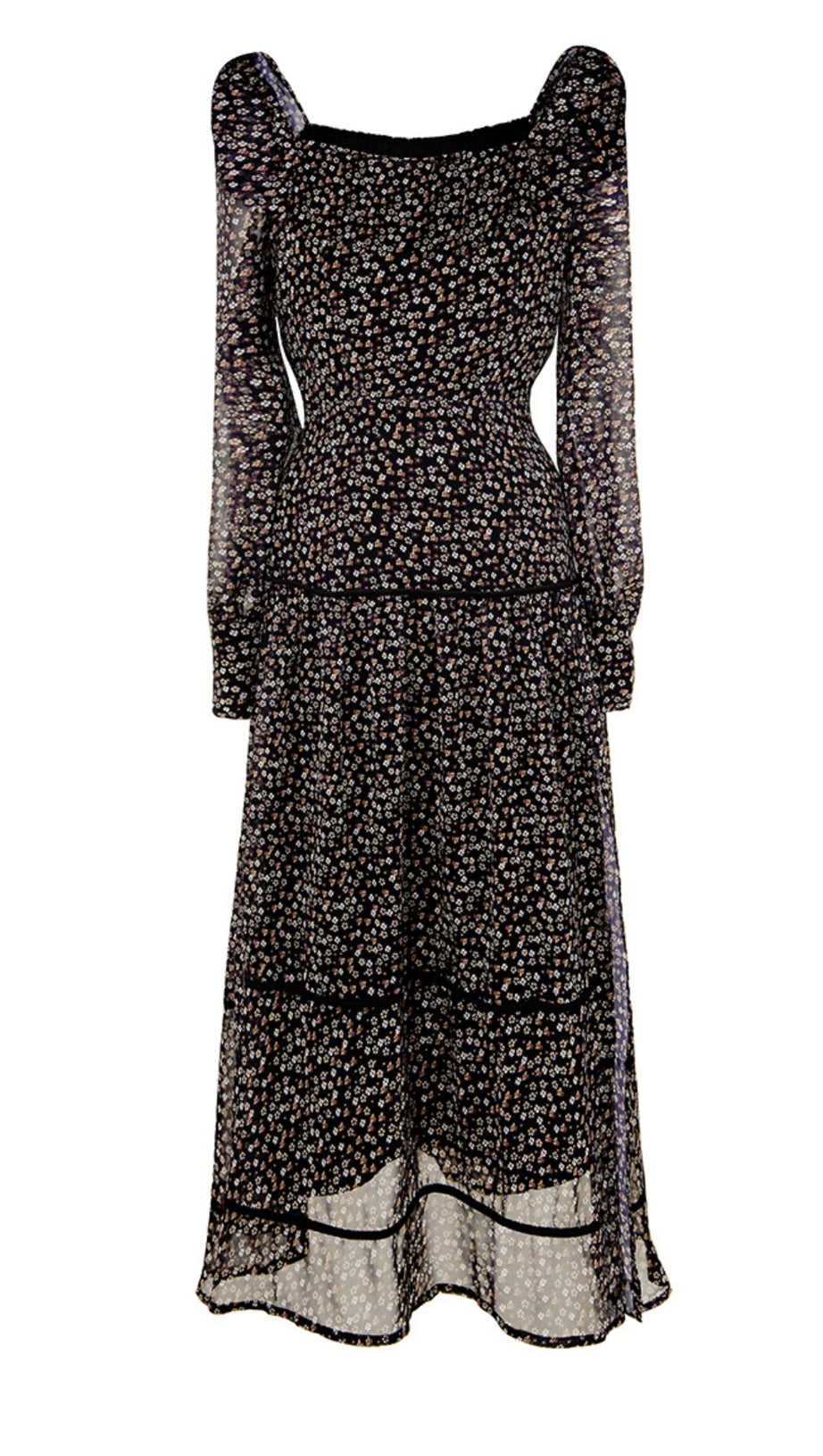 ABITO MIDI A BALZE CON MANICHE TRASPARENTI E FLOREALI NERI