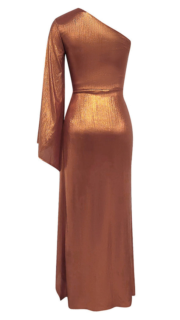 AIIZIE ONE - SHOULDER RUCHED ASYMMETRIC METALLIC DRESS IN BRONZE - product image