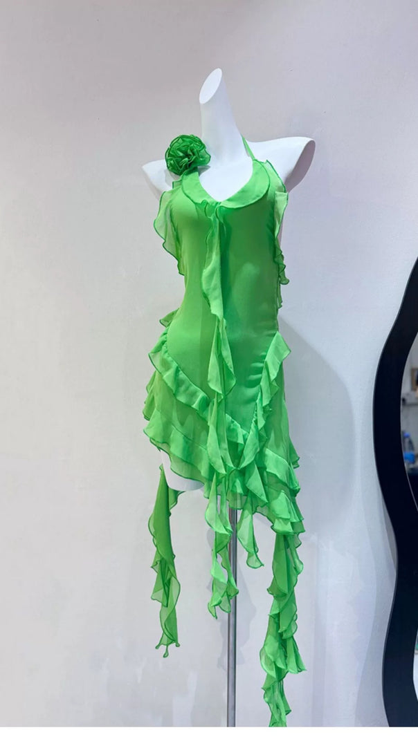 AIIZIE GREEN RUFFLED HALTER NECK MINI DRESS - product image