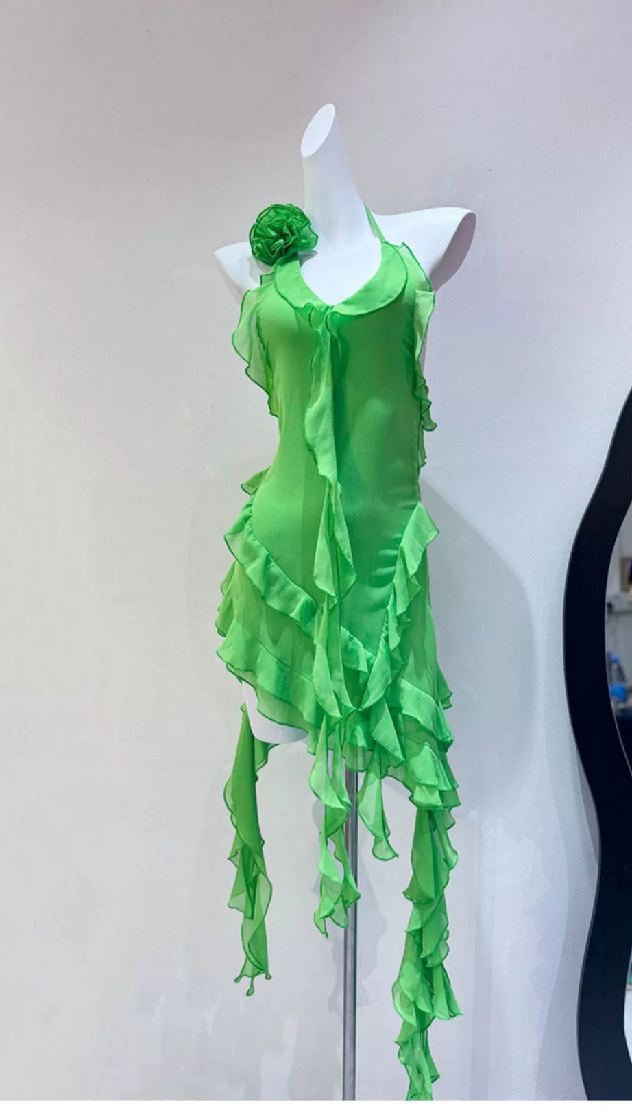 GREEN RUFFLED HALTER NECK MINI DRESS