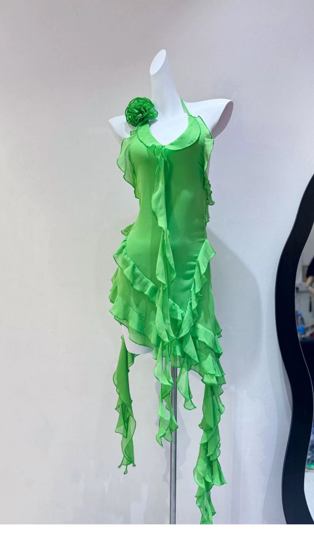 GREEN RUFFLED HALTER NECK MINI DRESS