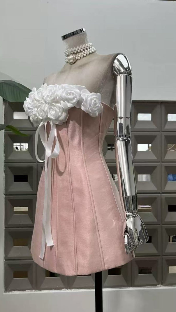 AIIZIE BLUSH PINK FLORAL STRAPLESS MINI DRESS - ELEGANT A-LINE PARTY & COCKTAIL DRESS - product image