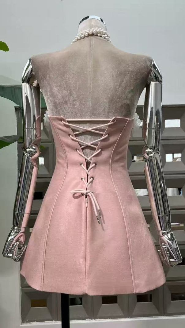 AIIZIE BLUSH PINK FLORAL STRAPLESS MINI DRESS - ELEGANT A-LINE PARTY & COCKTAIL DRESS - product image