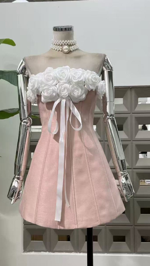BLUSH PINK FLORAL STRAPLESS MINI DRESS - ELEGANT A-LINE PARTY & COCKTAIL DRESS