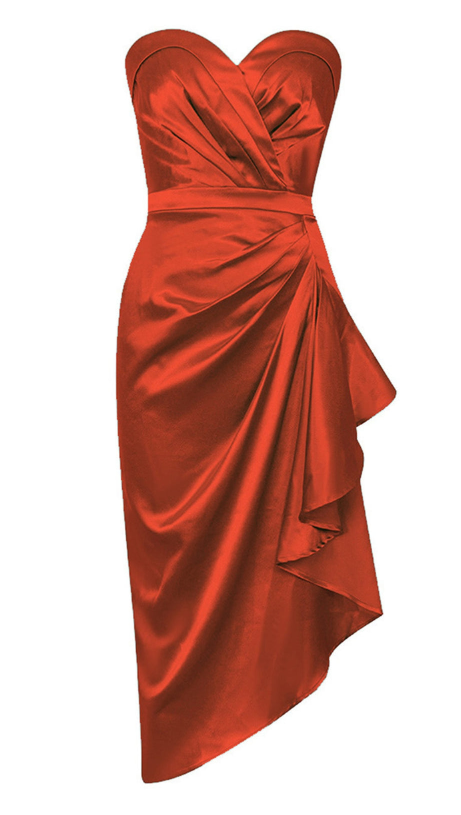 Trägerloses, gerafftes, asymmetrisches Midikleid mit Rüschen in Orange - Rot