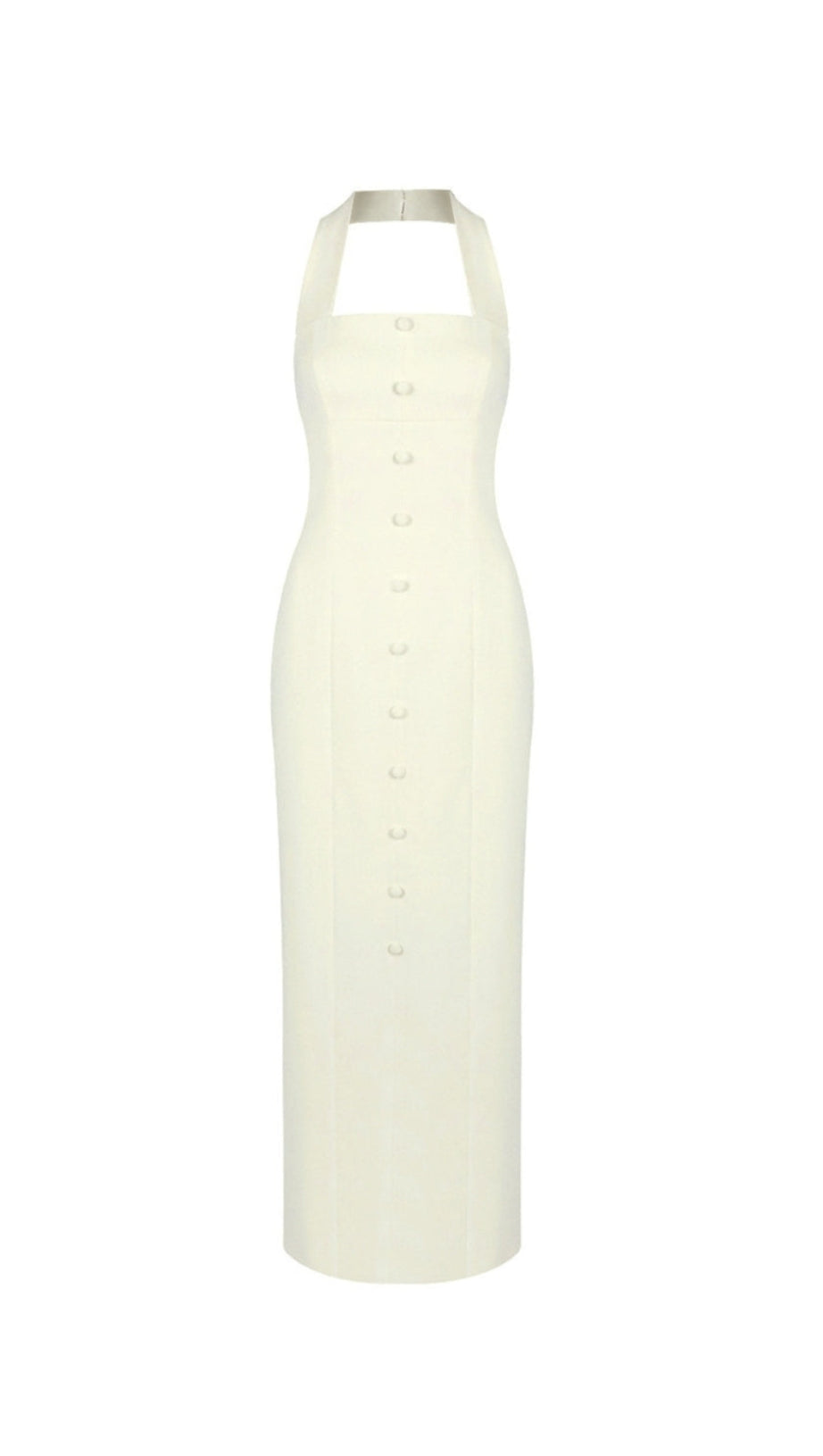 ALMOND WOVEN HALTER BUTTON MAXI DRESS