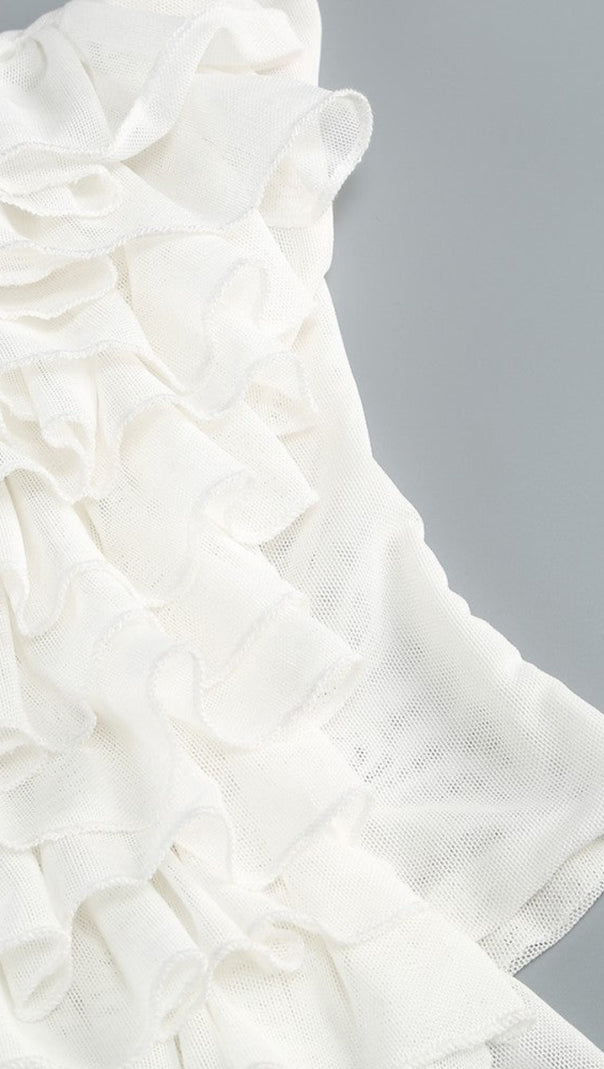 AIIZIE HELEN HALTER RUCHED MESH FLORAL MINI DRESS IN WHITE - product image