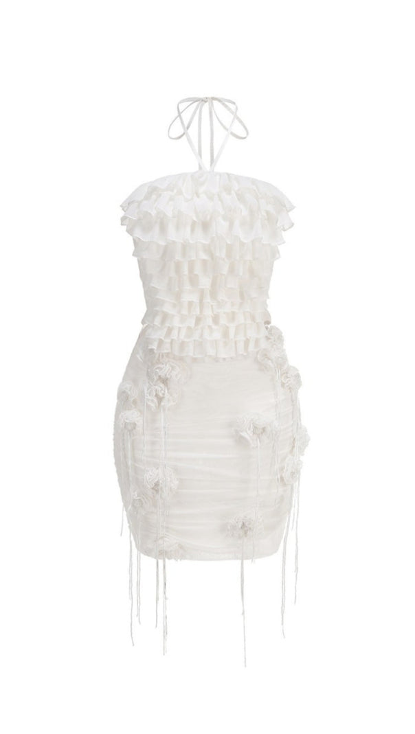 AIIZIE HELEN HALTER RUCHED MESH FLORAL MINI DRESS IN WHITE - product image