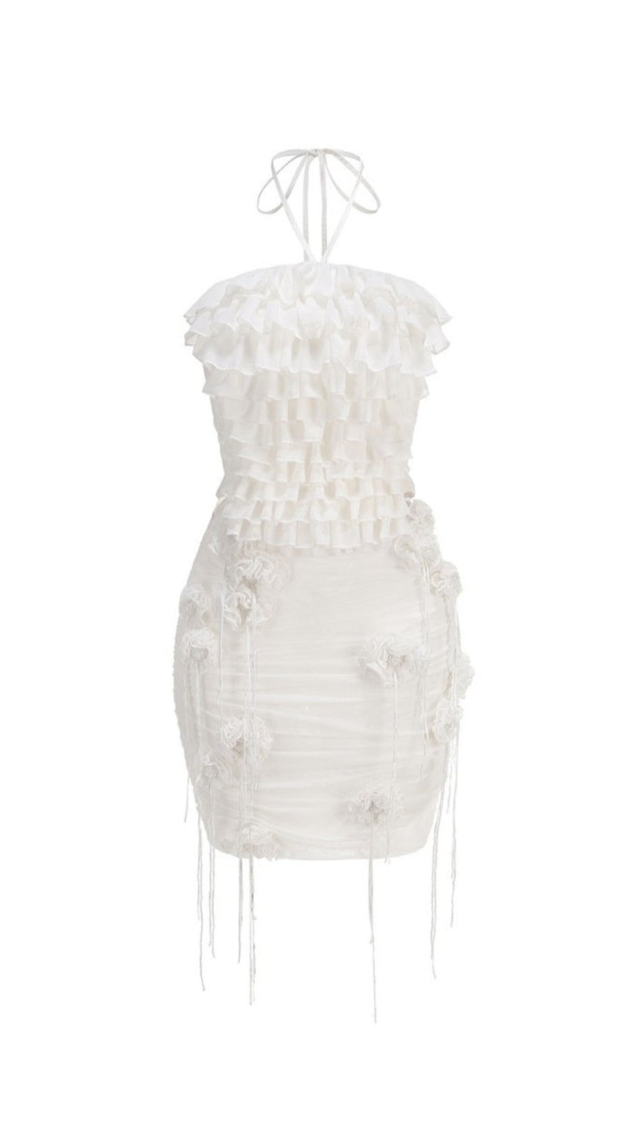 HELEN HALTER RUCHED MESH FLORAL MINI DRESS IN WHITE