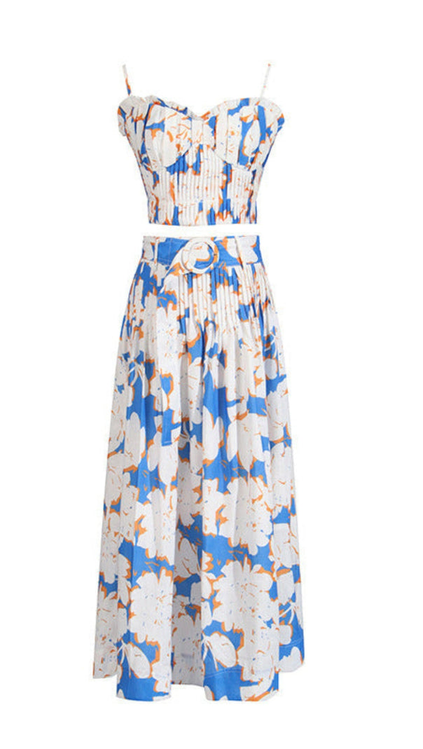 AIIZIE PLEATED FLORAL-PRINT LINEN BUSTIER TOP SKIRT SET IN BLUE - product image