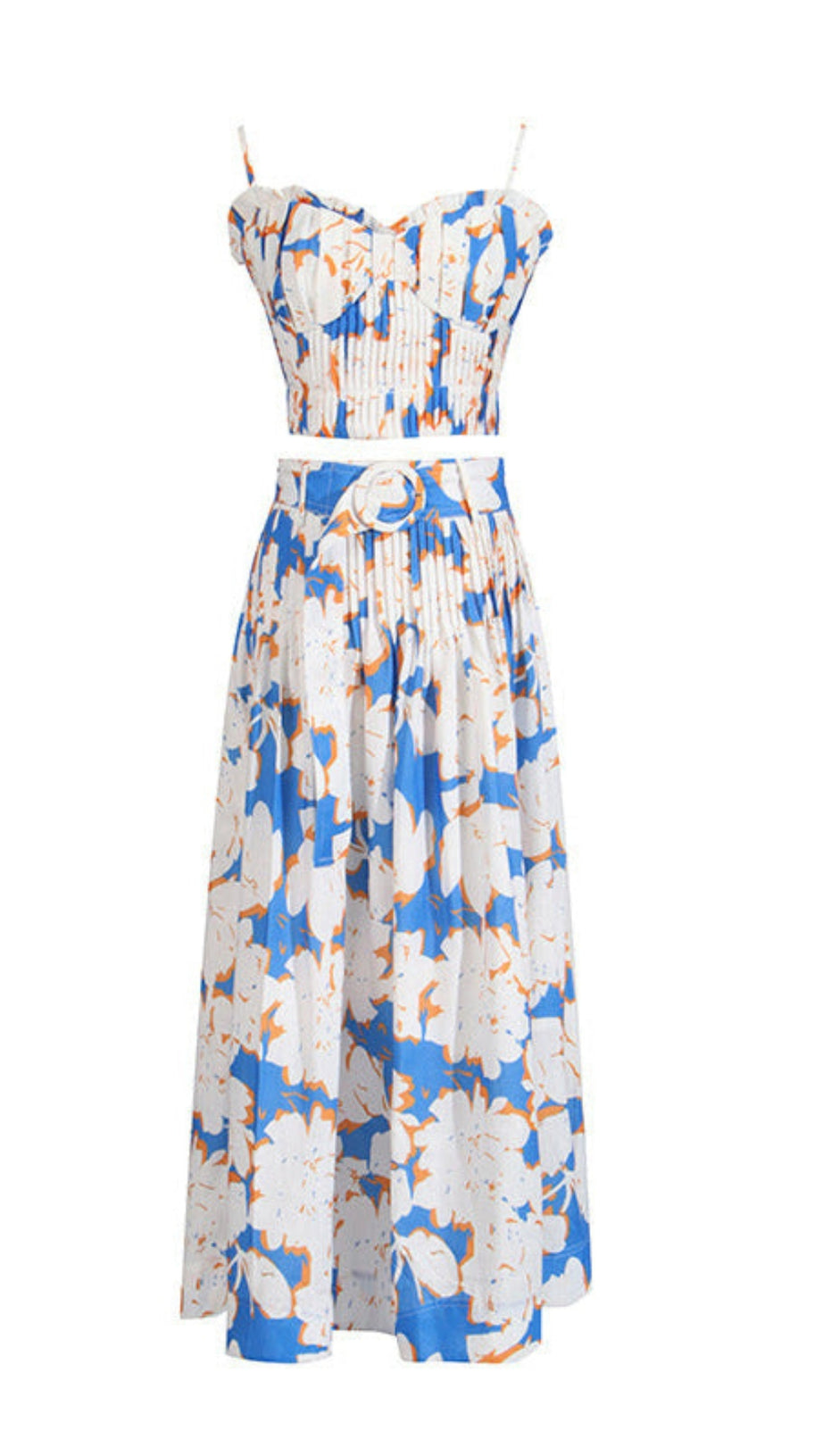 Completo gonna bustier in lino con stampa floreale plissettata blu