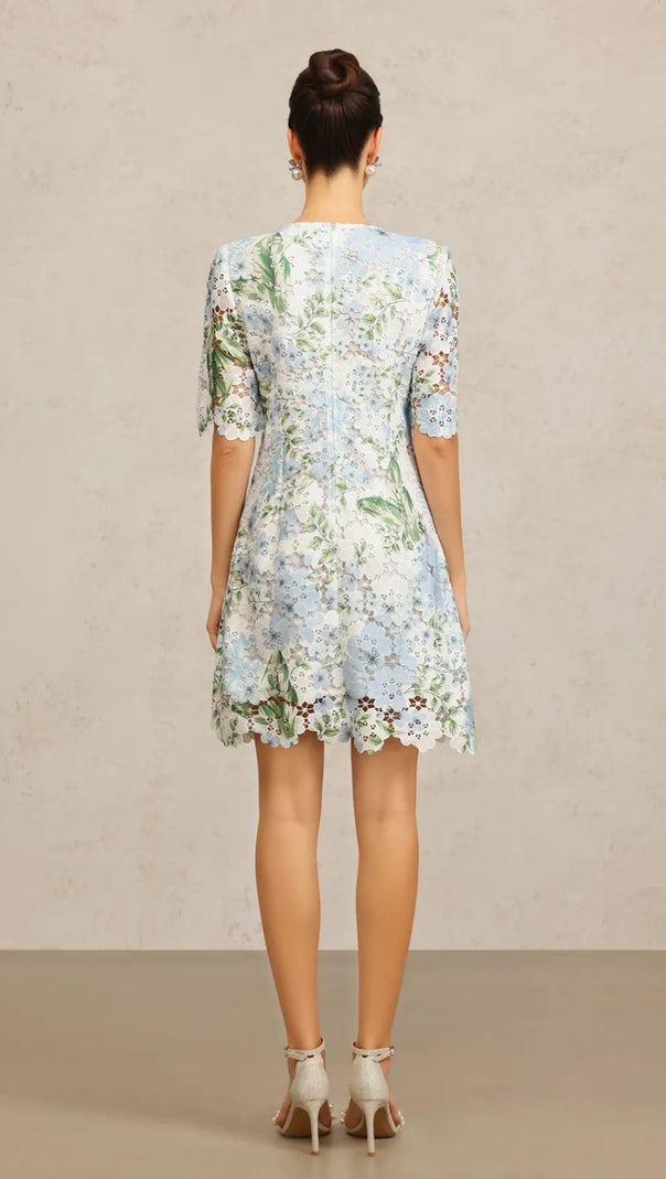 AIIZIE HAZEL FLORAL PRINTED LACE MINI DRESS IN SKY BLUE - product image