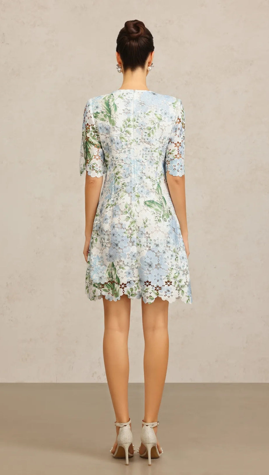 HAZEL FLORAL PRINTED LACE MINI DRESS IN SKY BLUE