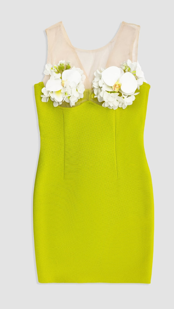 AIIZIE FLORAL YELLOW-GREEN TIGHT BANDAGE MINI DRESS - product image
