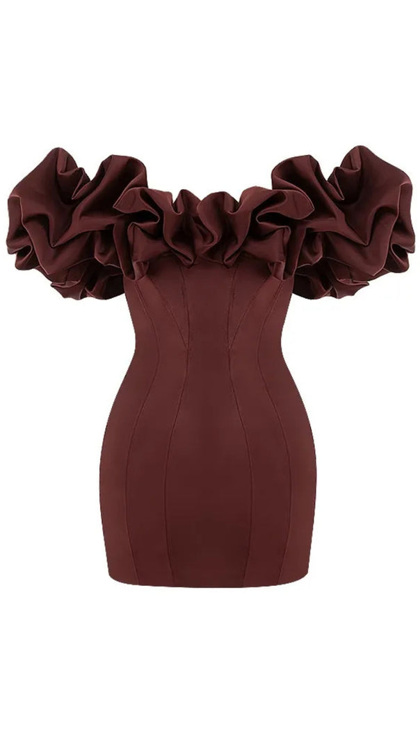AIIZIE BURGUNDY SATIN RUFFLE STRAPLESS MINI DRESS - product image