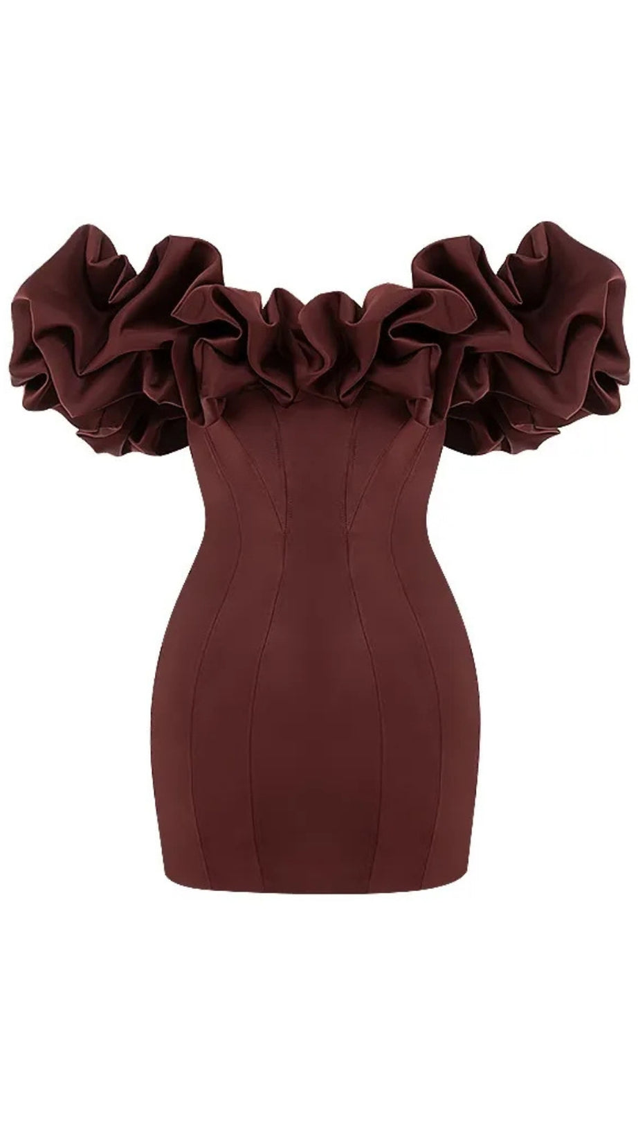 BURGUNDY SATIN RUFFLE STRAPLESS MINI DRESS