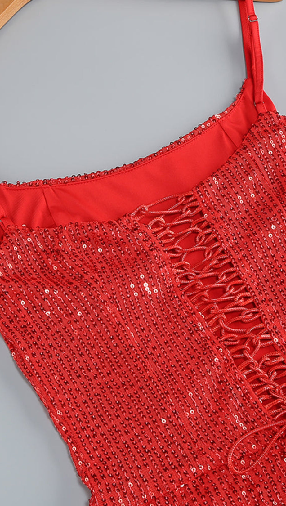 SLIP SEQUIN DRAPED SLIT MAXI DRESS