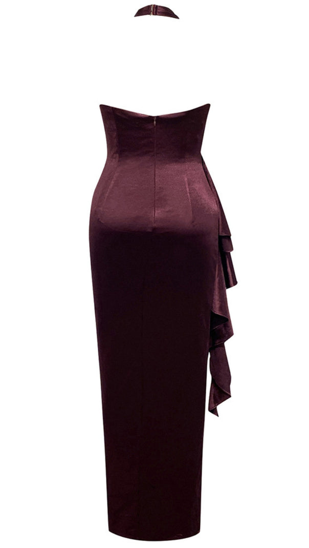 AIIZIE ONE - SHOULDER RUFFLED SLIT MAXI DRESS IN BURGUNDY - product image