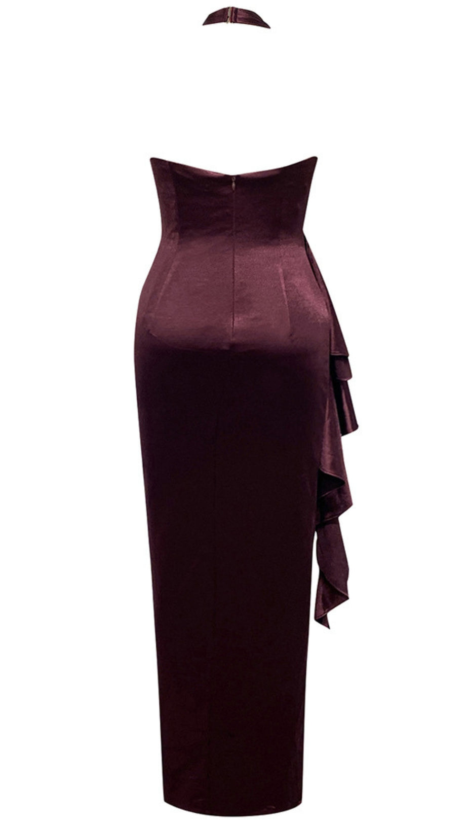ONE - SHOULDER RUFFLED SLIT MAXI DRESS IN BURGUNDY