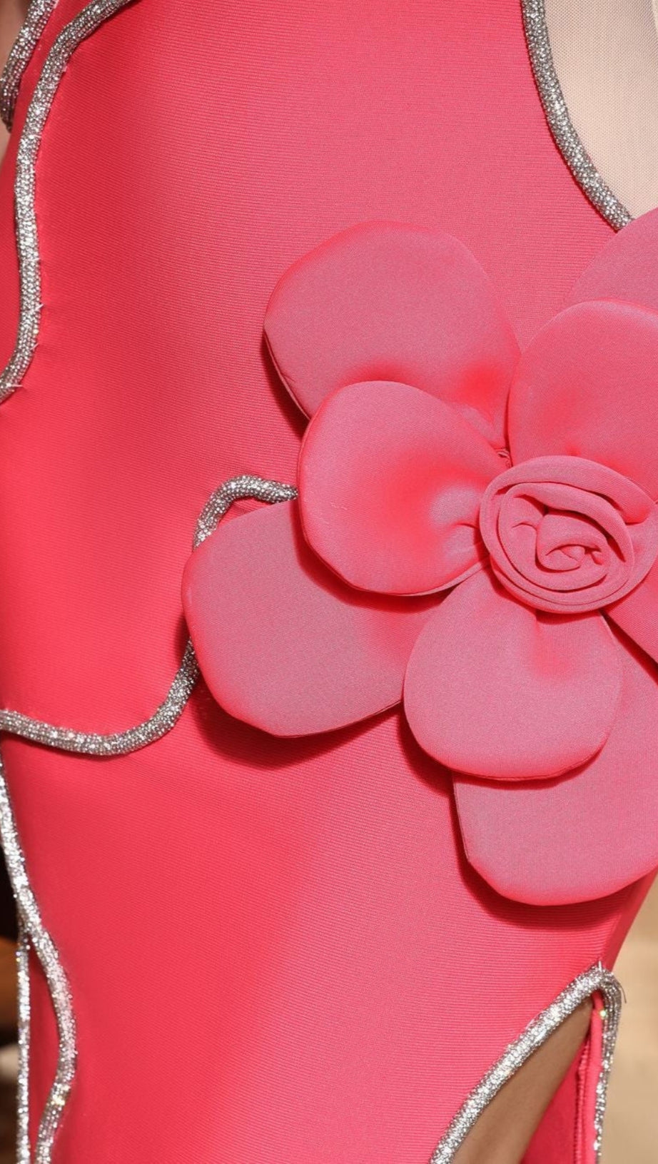 DIAMOND 3D FLOWER SEQUIN BANDAGE MAXI DRESS IN ROSE RED