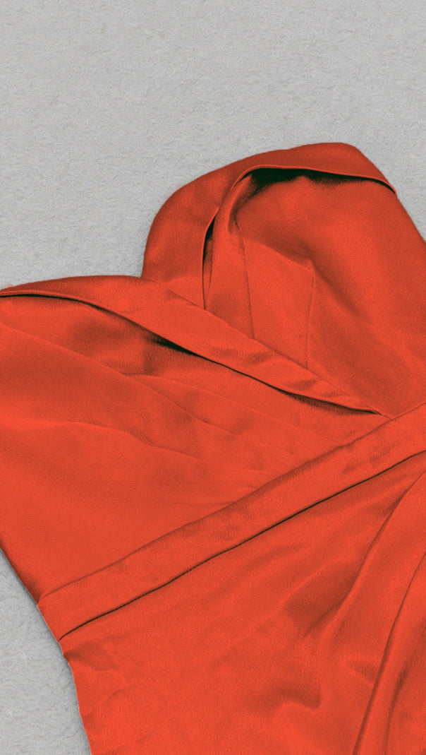 AIIZIE STRAPLESS RUCHED ASYMMETRIC RUFFLE MIDI DRESS IN ORANGE - RED - product image