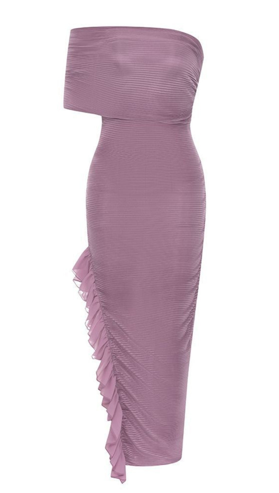 OFF - SHOULDER RUFFLED RUCHED MIDI DRESS IN PURPLE