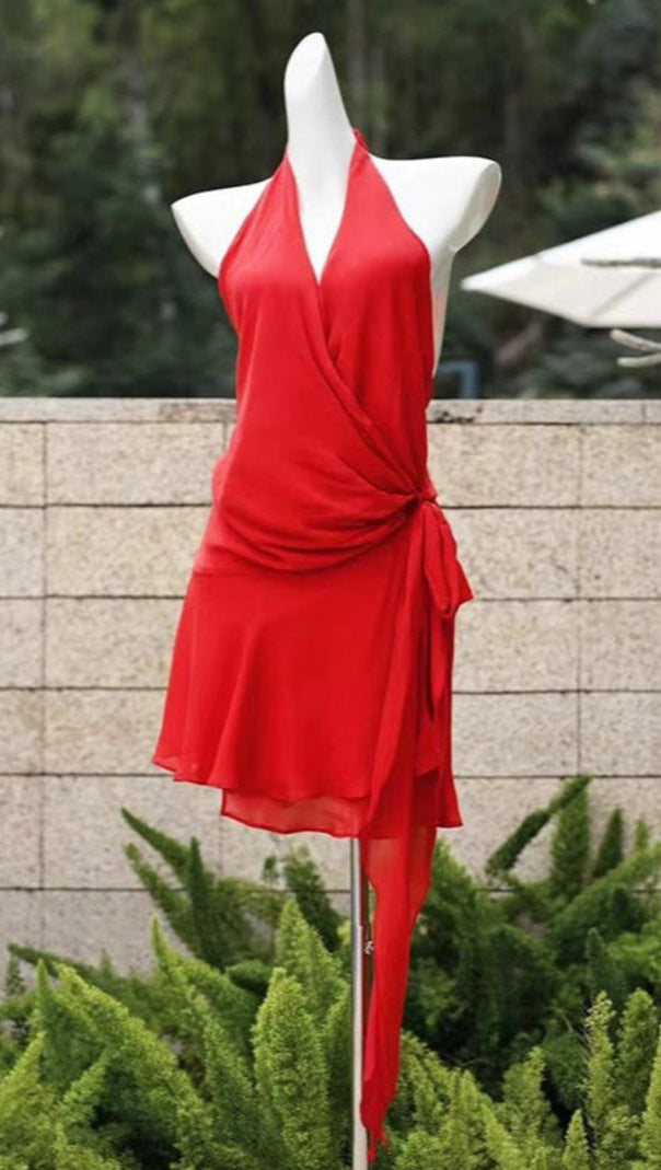 AIIZIE HALTER BACKLESS V-NECK SLEEVELESS LACE-UP MINI DRESS IN RED - product image
