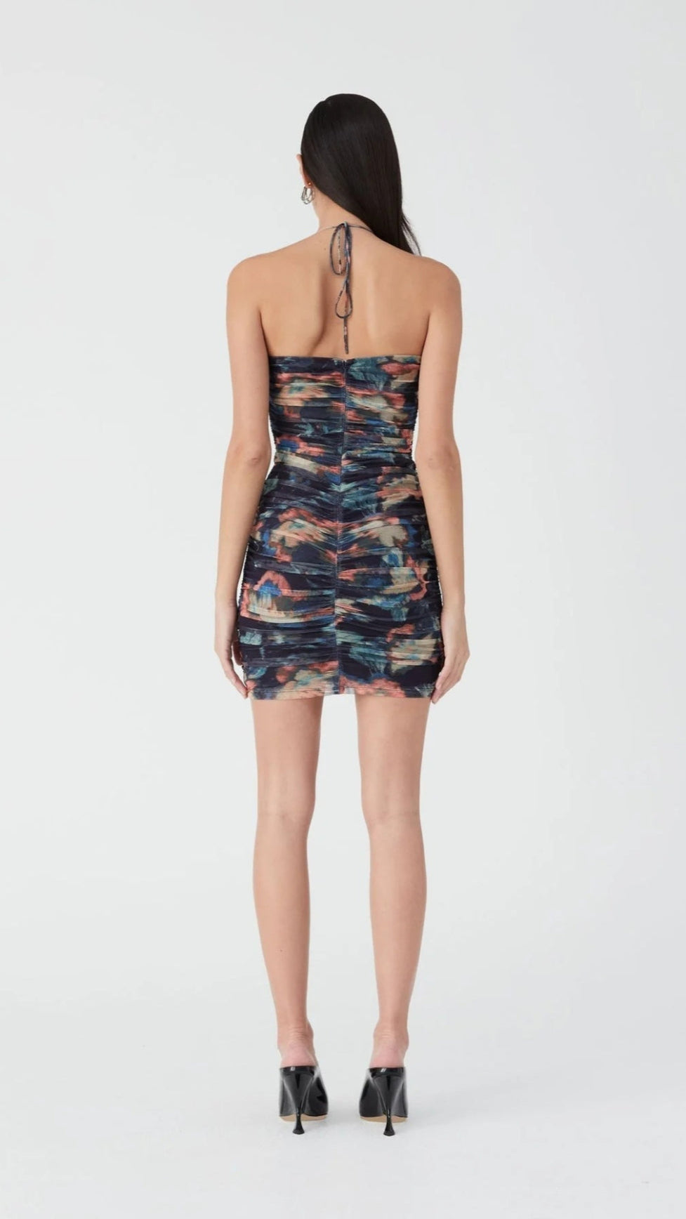 MULTICOLOR FLORAL PRINT PLEATED BODYCON MINI DRESS