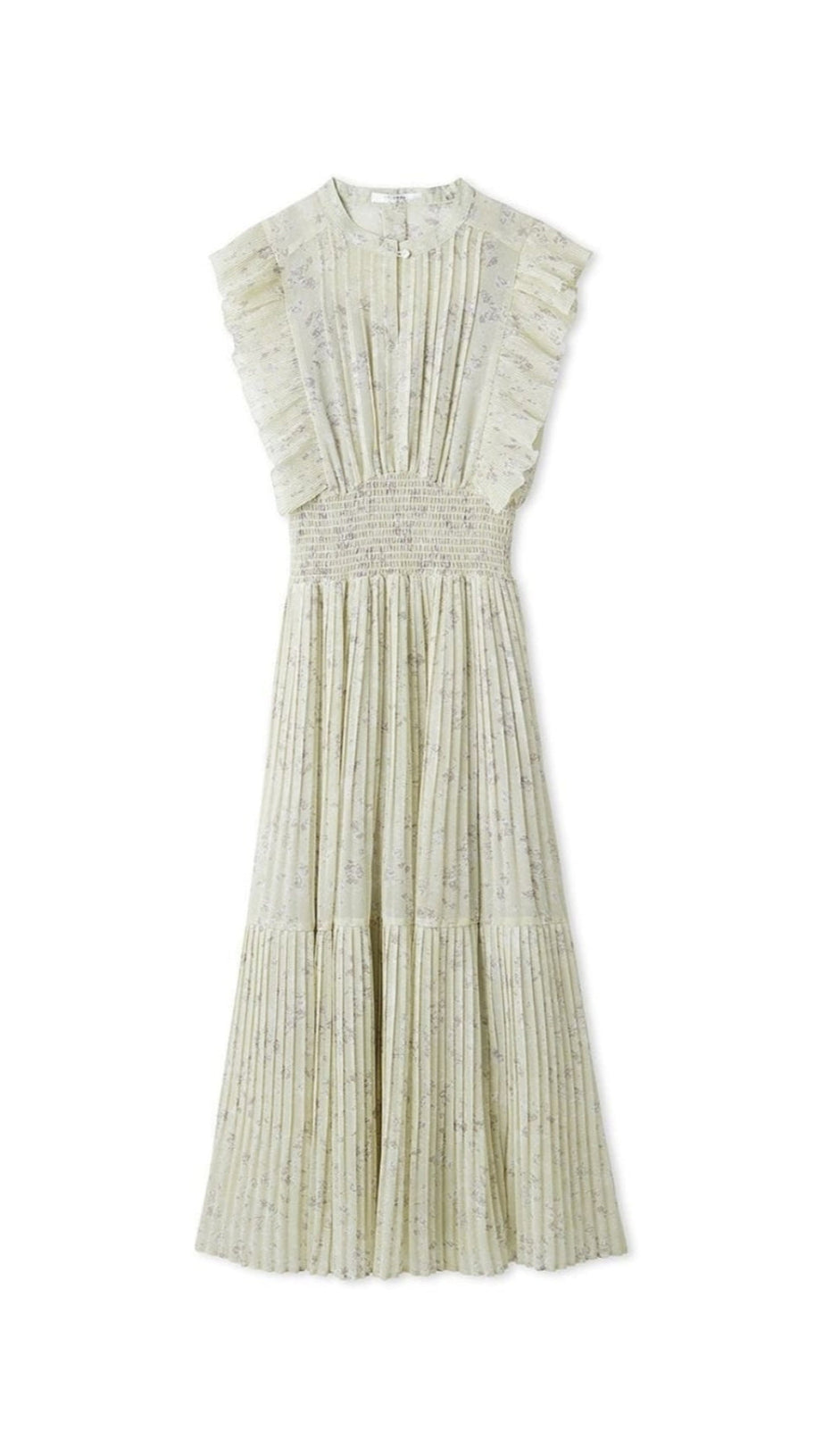 AUDREY SLEEVELESS PLEATED FLORAL MIDI DRESS IN MINT GREEN