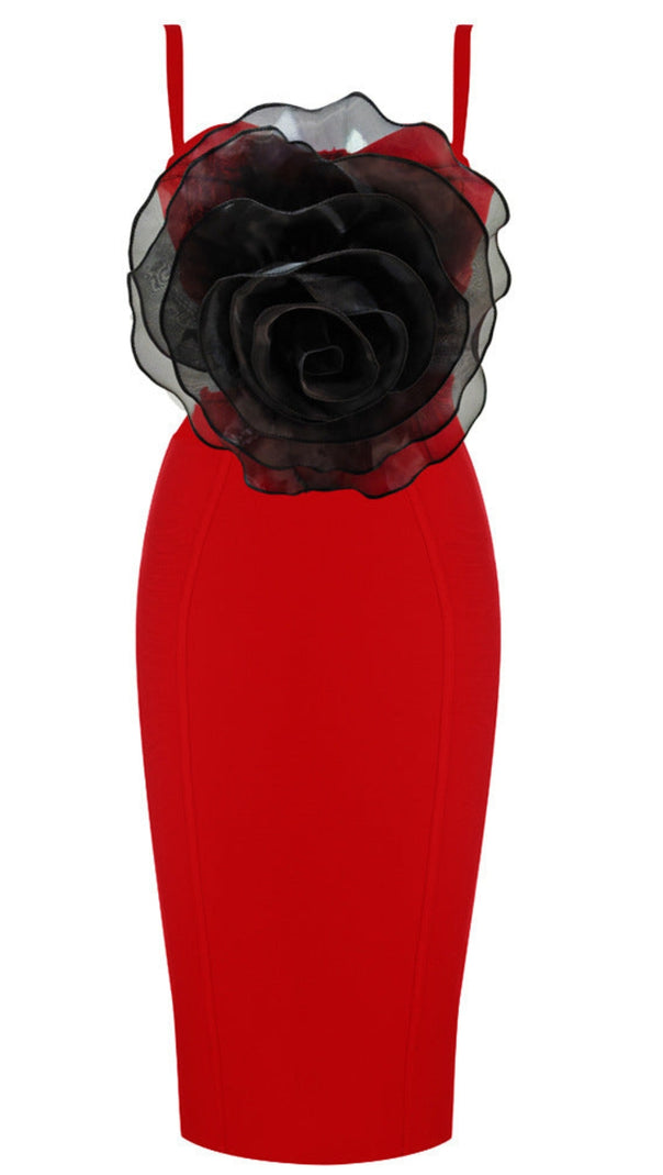 JACEY MESH FLOWER BANDAGE MIDI DRESS