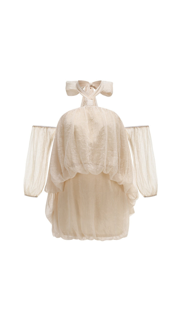 AIIZIE BEIGE HALTER NECK OFF - SHOULDER SHEER MINI DRESS - product image