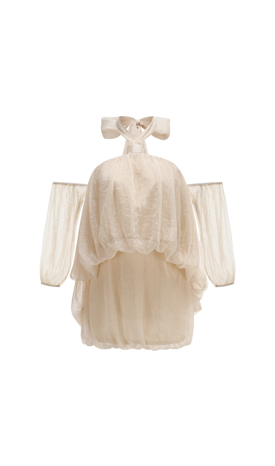 Mini abito trasparente beige con scollo all'americana e spalle scoperte 