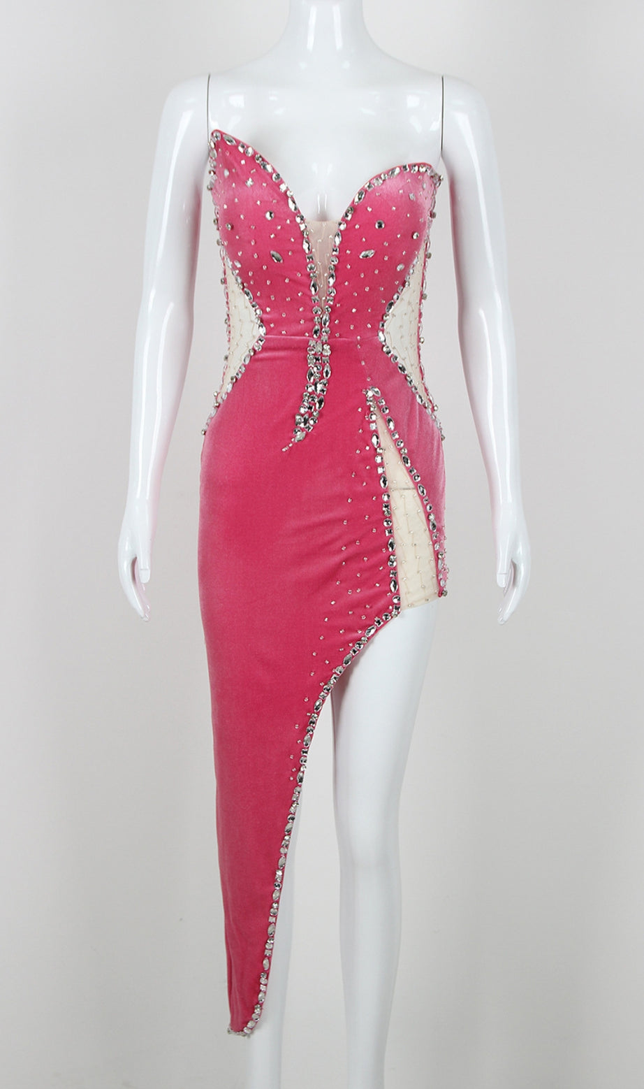 Rhinestone - Embellished Asymmetric Cutout Mermaid Dress in  Rose Red