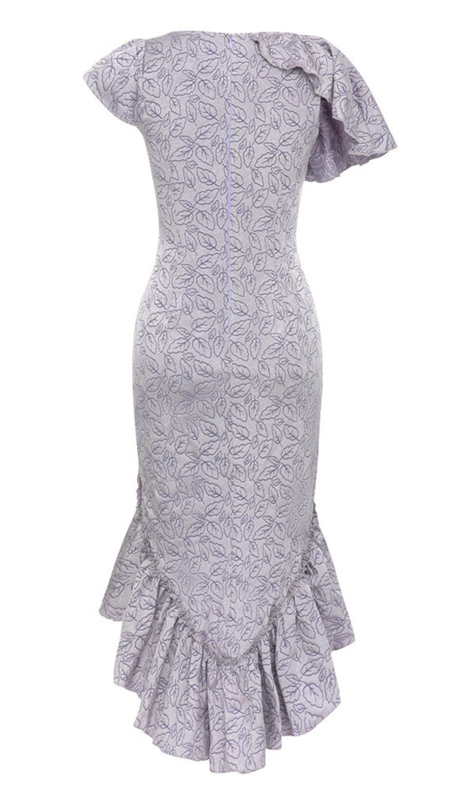 FLORAL - PRINT RUFFLED ASYMMETRIC MIDI DRESS IN LAVENDER
