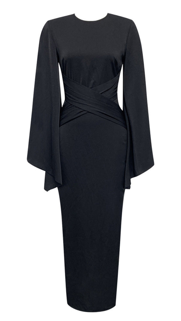 AIIZIE CROSS - WRAP BELL - SLEEVE MIDI DRESS IN BLACK - product image