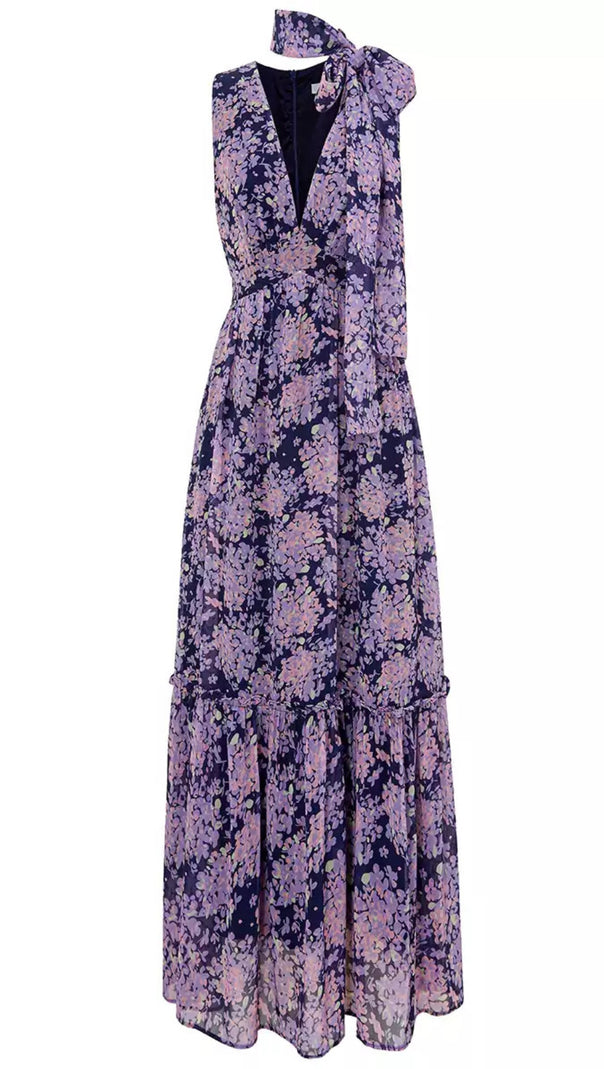 AIIZIE PURPLE ELEGANT FLORAL MAXI DRESS WITH HALTER NECK AND BOW - product image