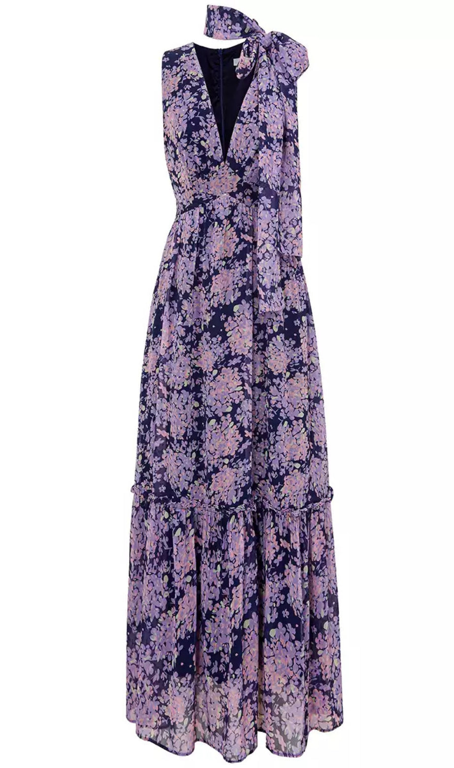 Abito lungo elegante viola con stampa floreale, scollo all'americana e fiocco 