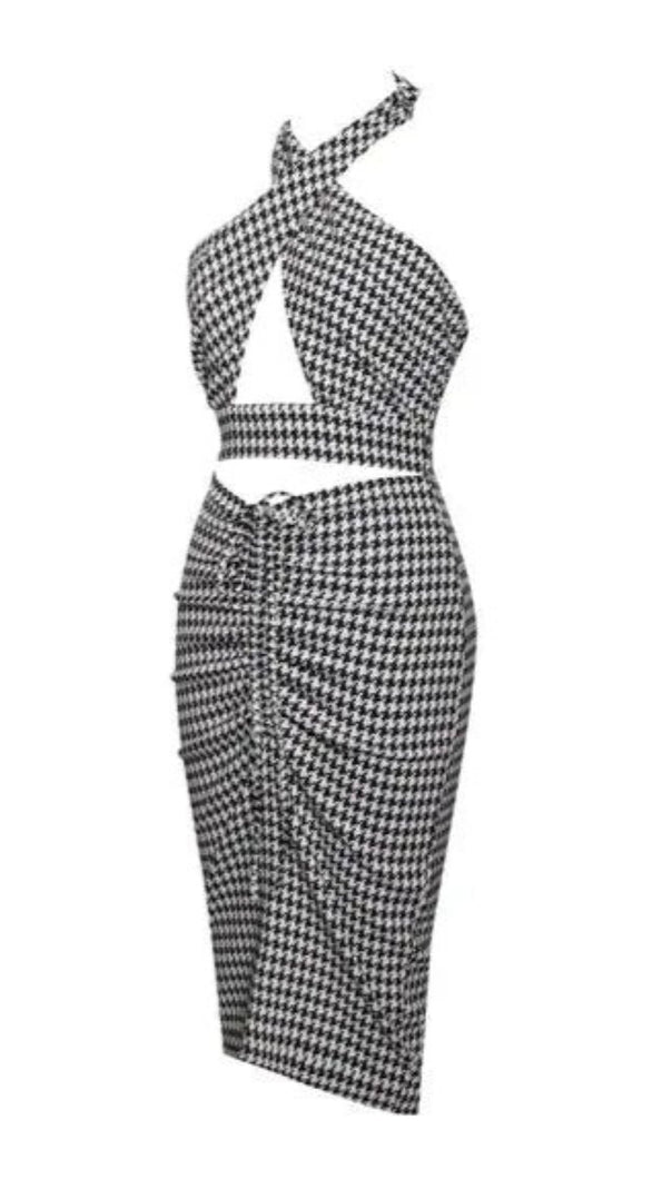 AIIZIE HOUNDSTOOTH CRISS CROSS HALTER NECK MIDI DRESS - product image