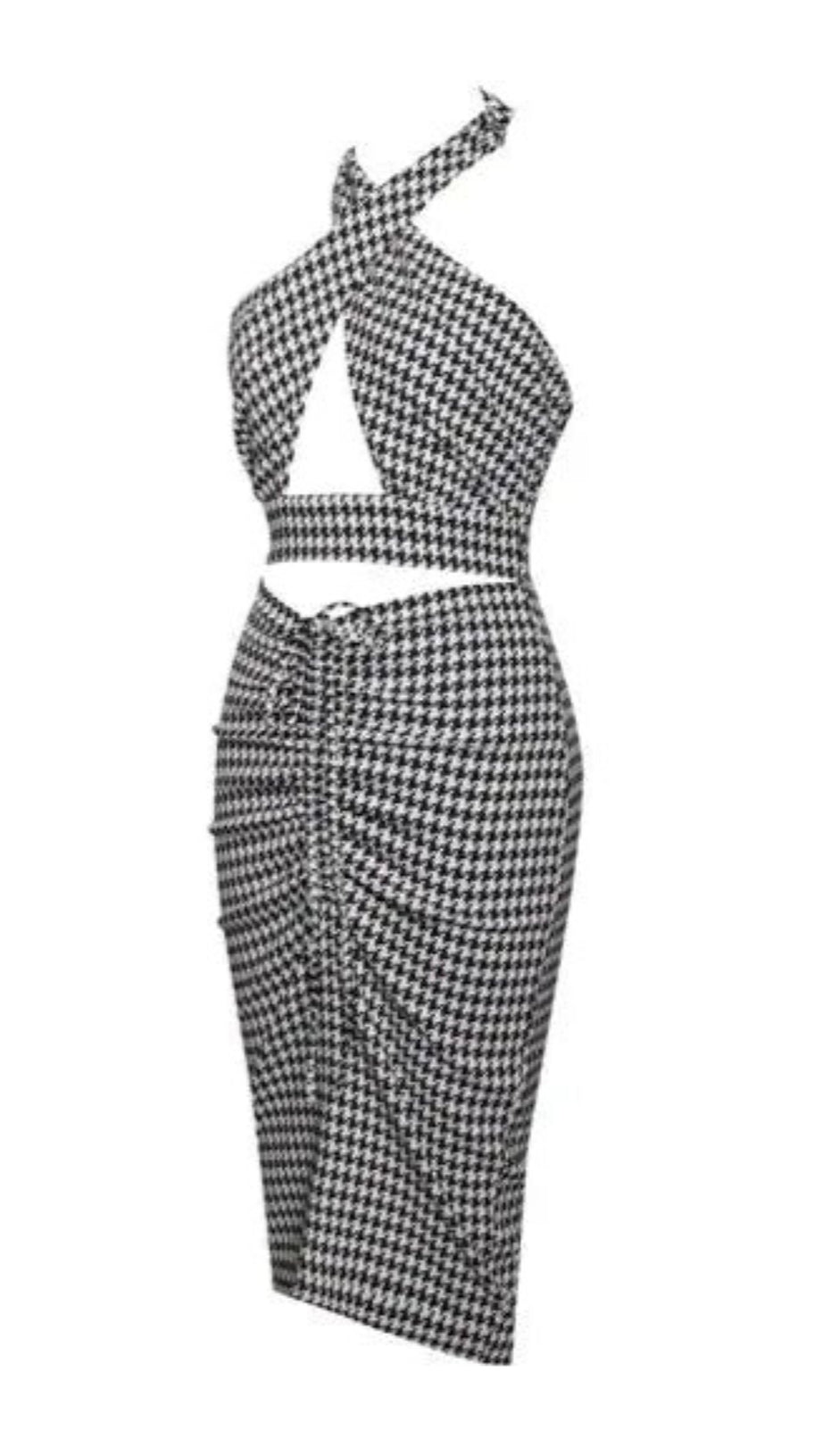 HOUNDSTOOTH CRISS CROSS HALTER NECK MIDI DRESS
