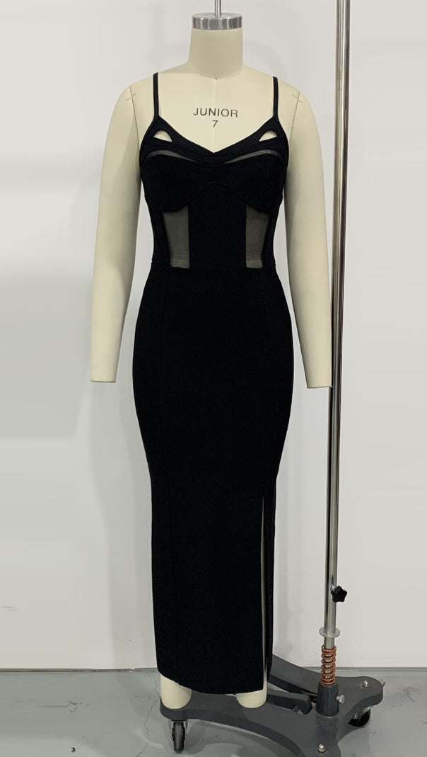 AIIZIE MESH - PANELED SPAGHETTI - STRAP SIDE - SLIT MIDI DRESS IN BLACK - product image
